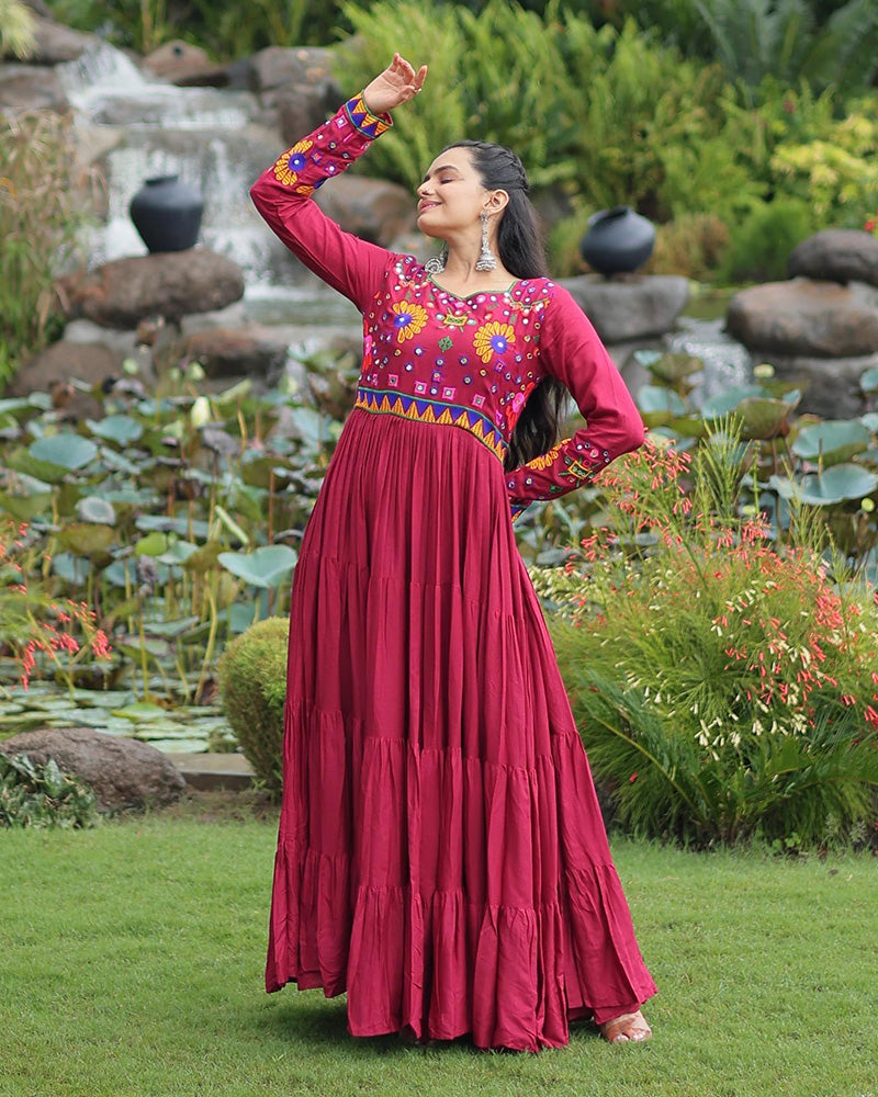 Navratri Special Maroon Color Reyon Gamthi Work Gown