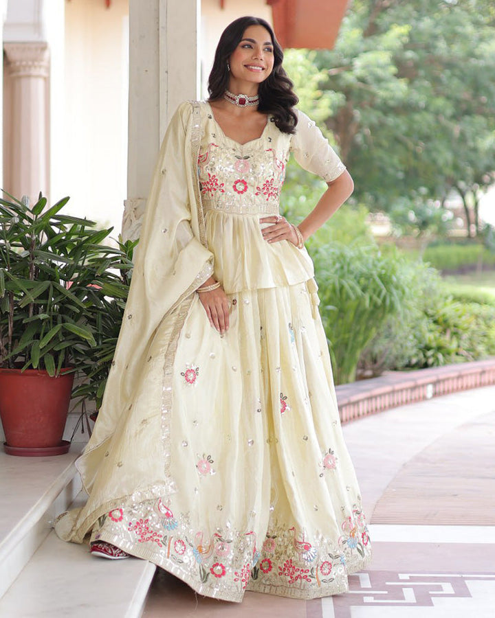 Off-White Color Gold Crush Embroidered Lehenga Choli