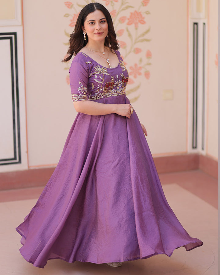 Elegant Lavender Gold Crush Embroidered Party Wear Gown