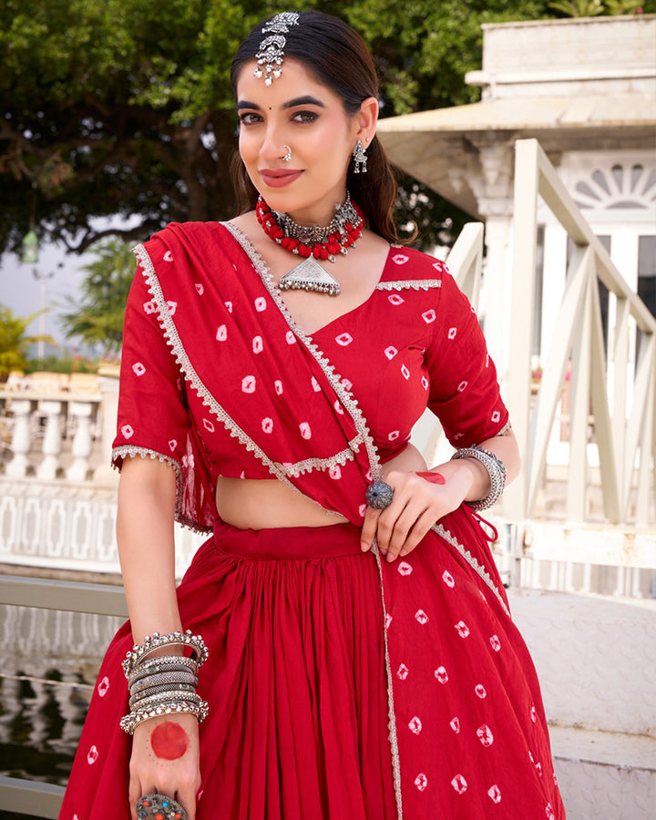 Red Color Pure Chanderi Bandhej Print Lehenga Choli
