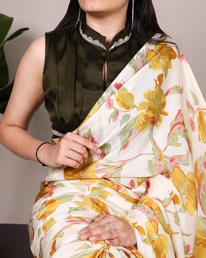 Yellow Color Satin Silk Floral Printed Saree