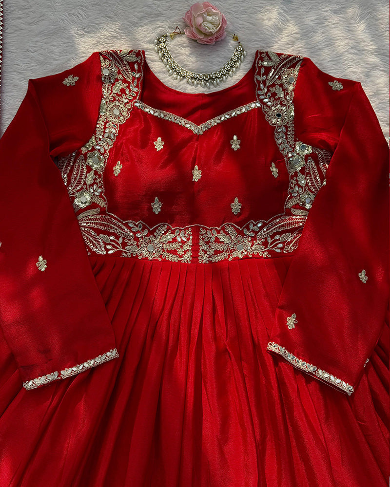 Red Color Pure Chinon Embroidered Three Piece Anarkali Suit
