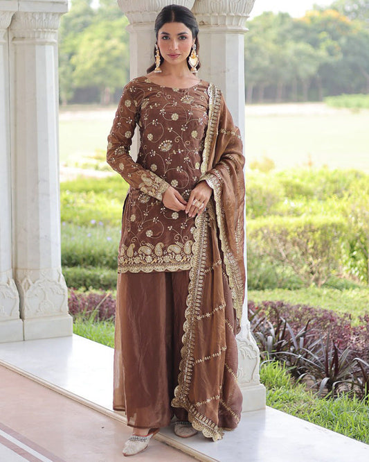Coffee Color Fendi Silk Embroidered Sharara Suit