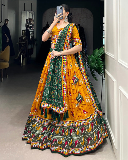 Patola Printed Mustard Color Tussar Silk Navratri Lehenga Choli