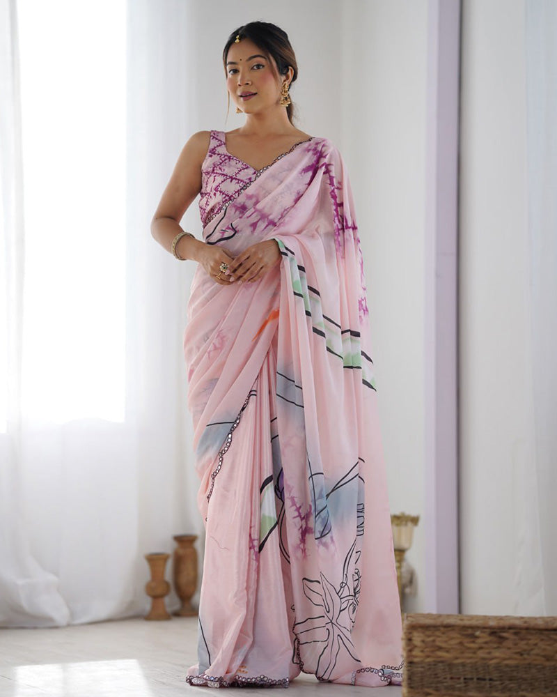 Baby Pink Color Chinnon Silk Printed Saree