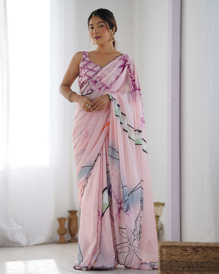 Baby Pink Color Chinnon Silk Printed Saree