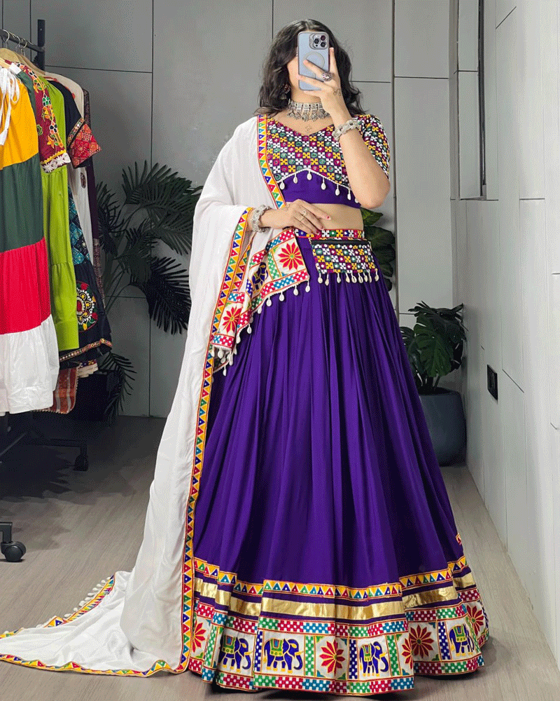 Purple And White Color Rayon Cotton Navratri Lehenga Choli