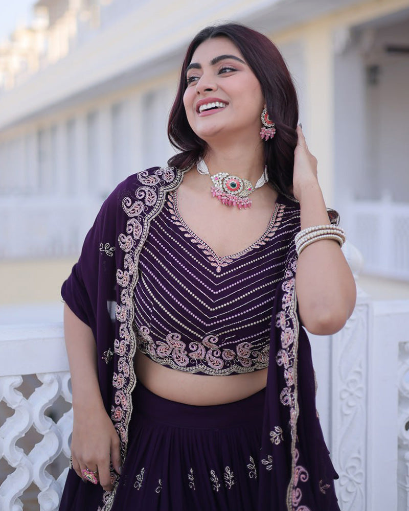 Royal Purple Color Blooming Embroidered Lehenga Choli