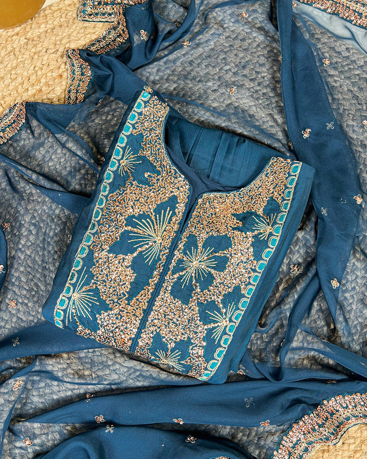 Teal Green Color Roman Silk Three Piece Kurti Suit