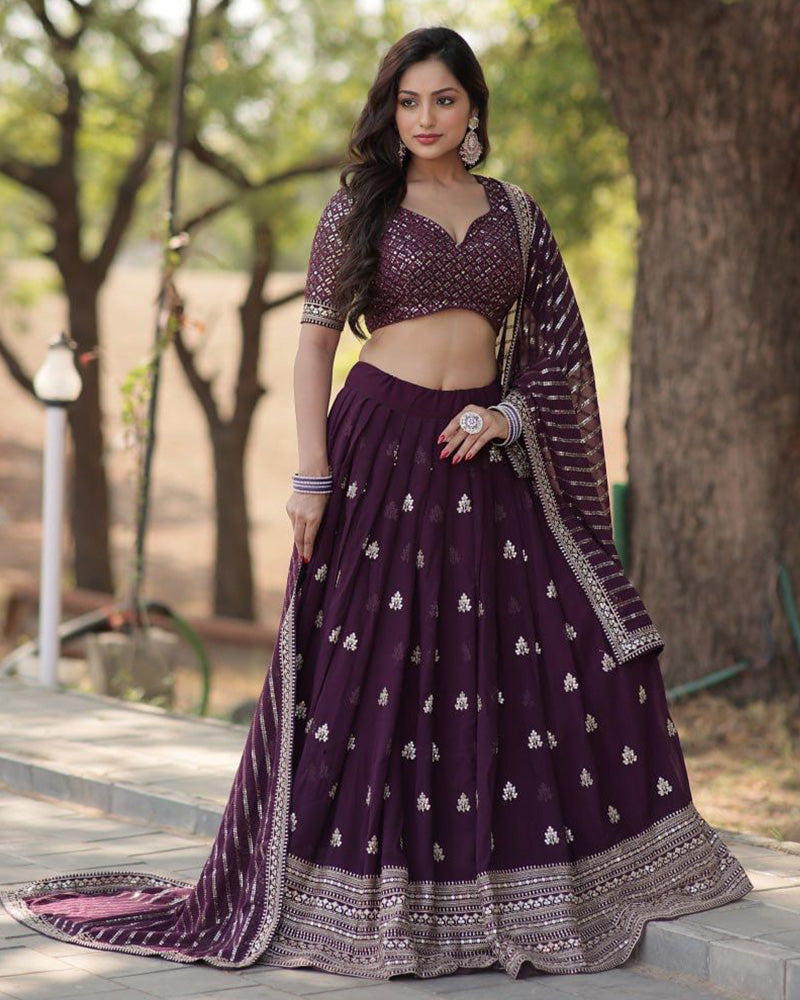 Designer Wine Color Georgette Lehenga Choli With Embroidered Dupatta