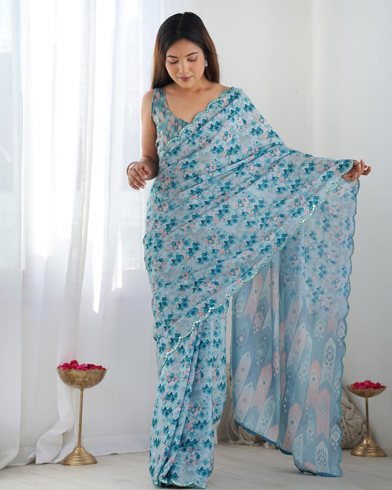 Sky Color Chinnon Silk Printed Saree