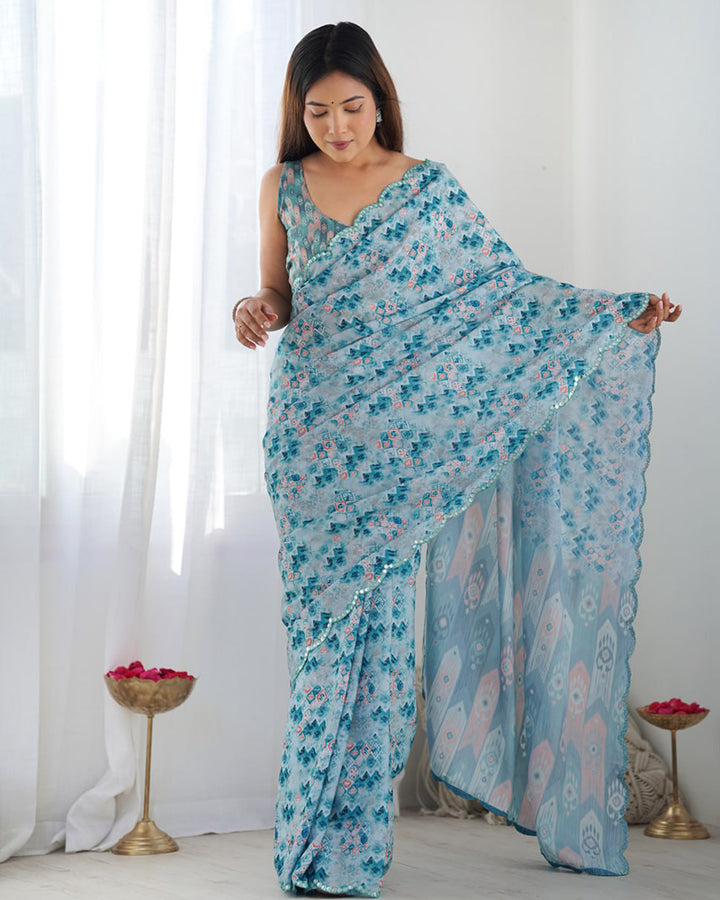 Sky Color Chinnon Silk Printed Saree