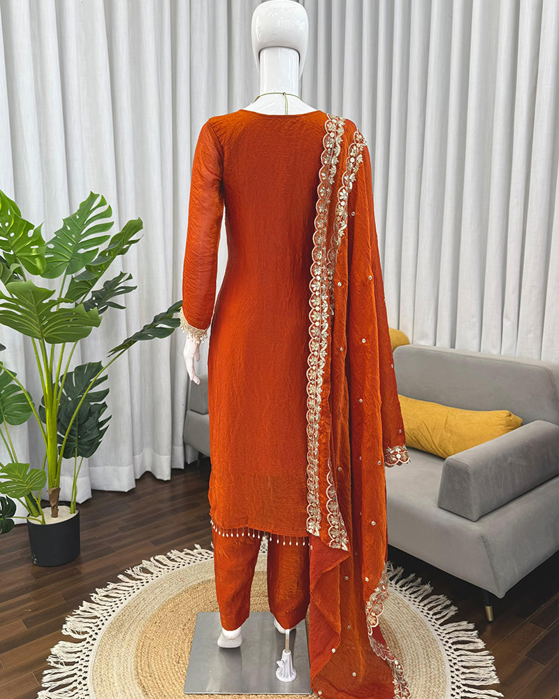 Rust Orange Color Fendi Silk Three Piece Kurti Suit