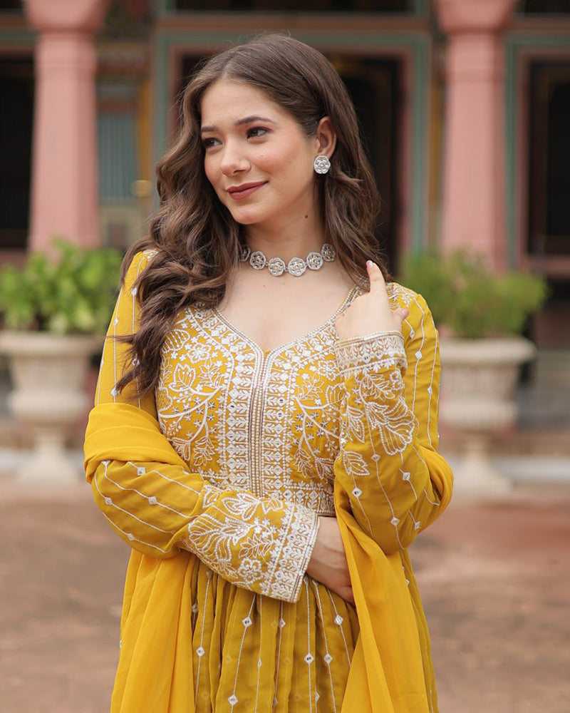 Yellow Color faux Georgette Embroidered Sharara Suit