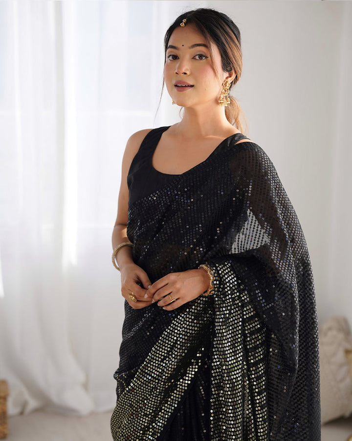 Black Color Heavy Georgette Sequence Embroidered Saree