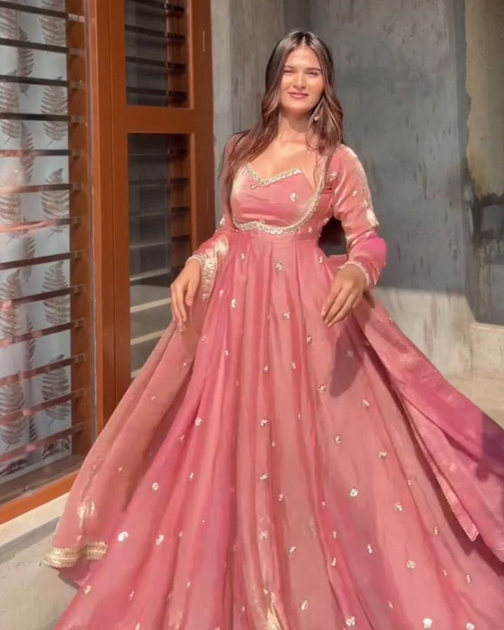 Peach Color Fendi Silk Thread Embroidered Anarkali Suit