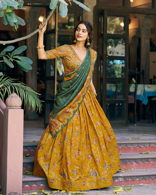 Mustard Color Tasar Silk Foil Printed Lehenga Choli