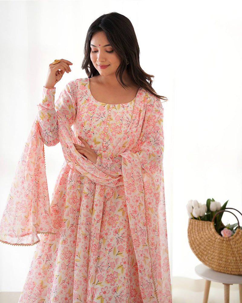Multi Pink Color Floral Printed Chiffon Three Piece Anarkali Suit