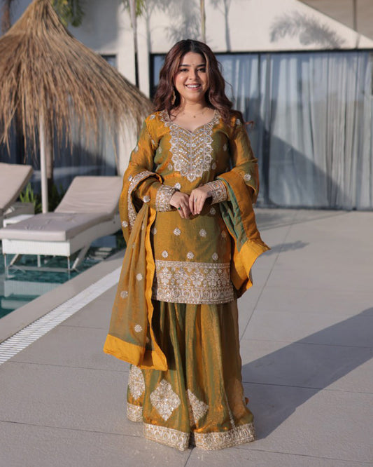 Golden Olive Color Fendi Crush Embroidered Plazzo Suit