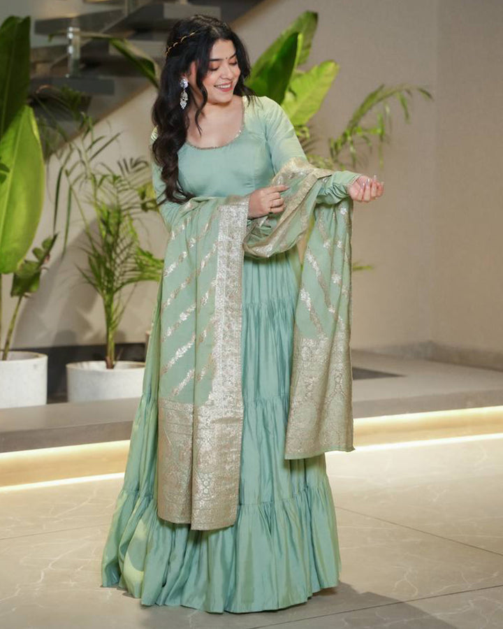 Pista Color Roman Chanderi Silk Ruffle Style Anarkali Suit