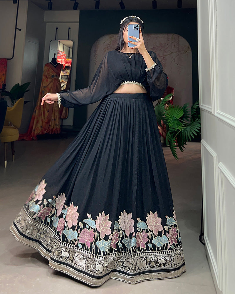 Designer Black Color Georgette Crop Top Lehenga Choli