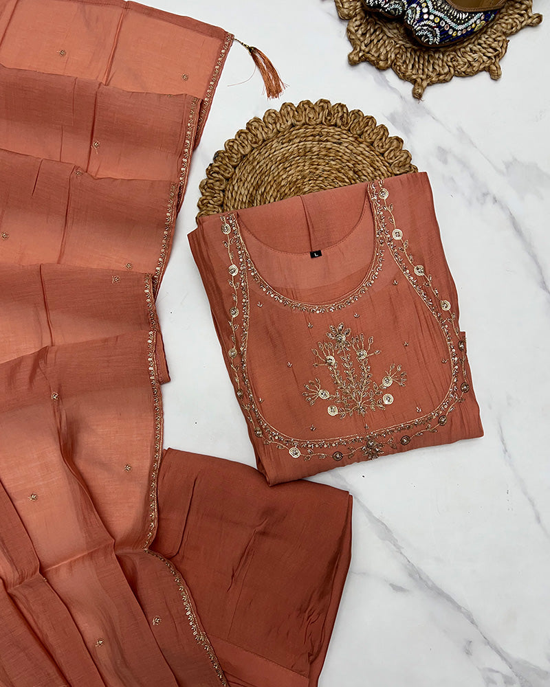 Peach Color Mal Cotton Three Piece Kurti Suit