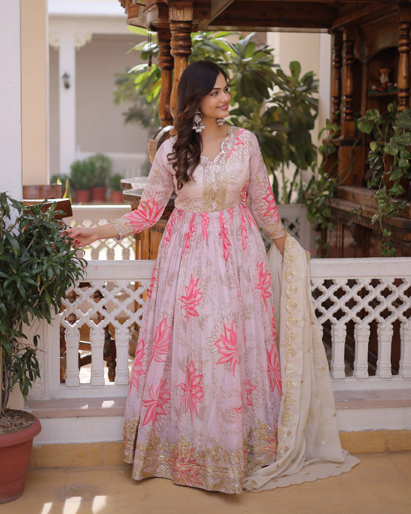 Baby Pink Color Russian Silk Embroidered Gown