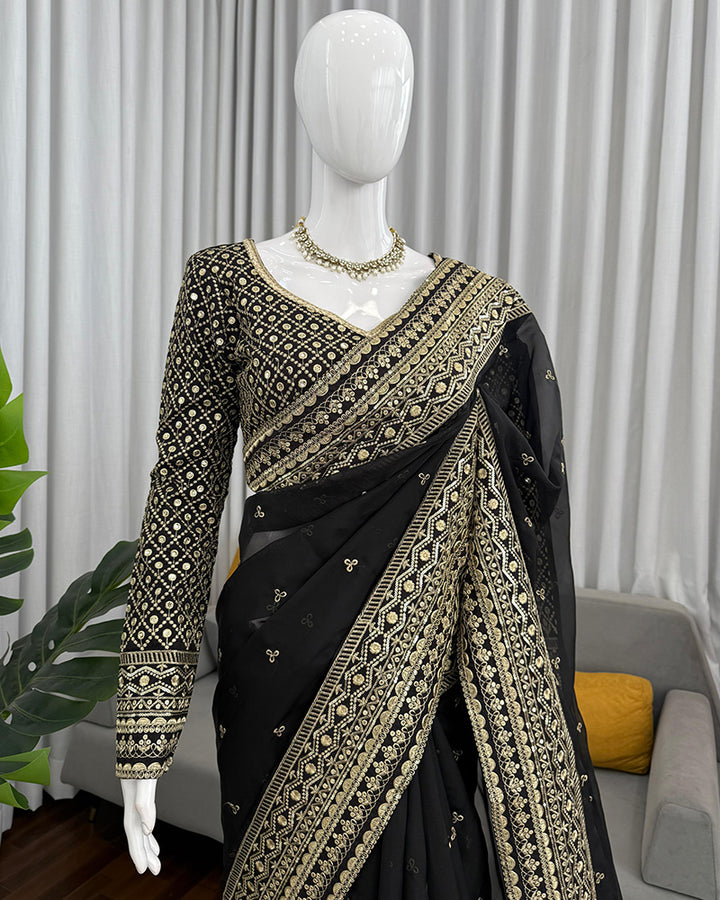 Black Color Tebby Silk Embroidered Saree