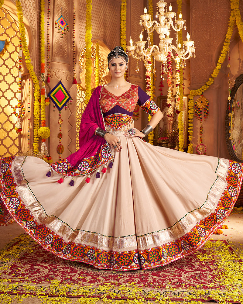 Elegant Beige and Maroon Navratri Lehenga Choli With Rich Embroidered Accents