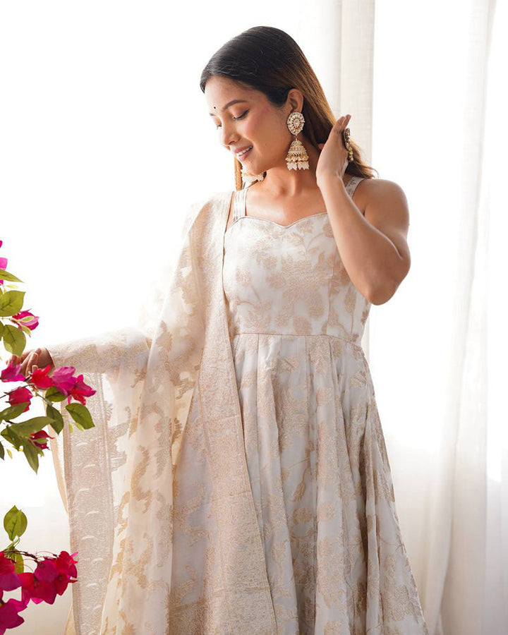 Off-White Color Banarasi Jacquard Silk Anarkali Suit