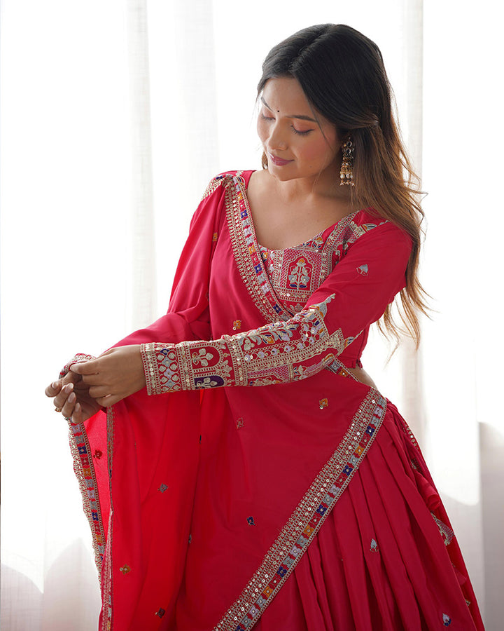 Designer Tomato Color Natural Crepe silk Lehenga Choli