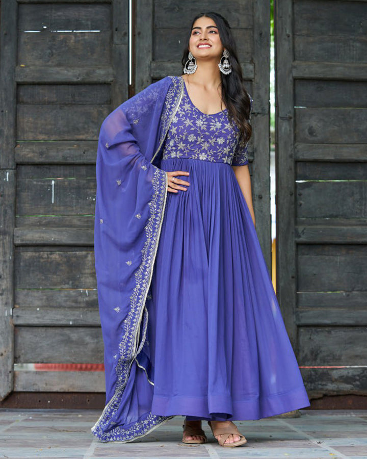 Elegant Purple Embroidered Blooming Style Designer Gown