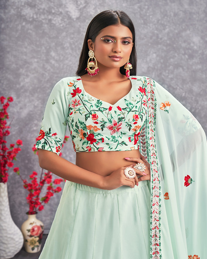 Sea Green Color Thread And Embroidered Georgette Lehenga Choli