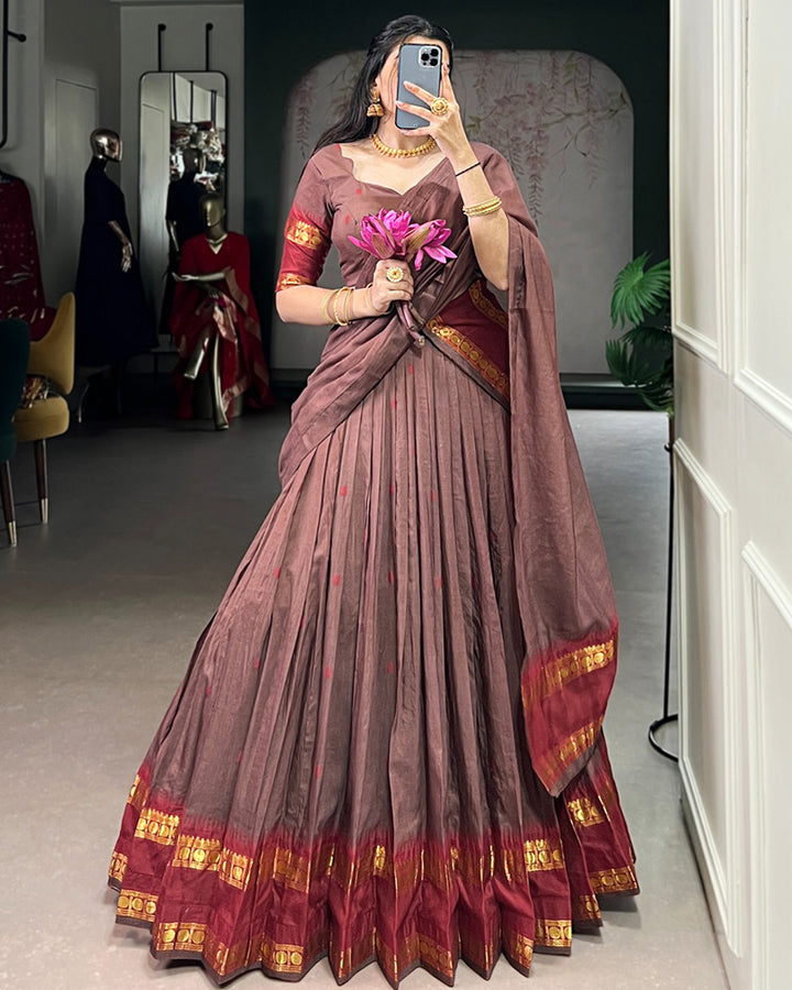 Traditional Brown Color Chanderi Half Saree With Zari Detailing