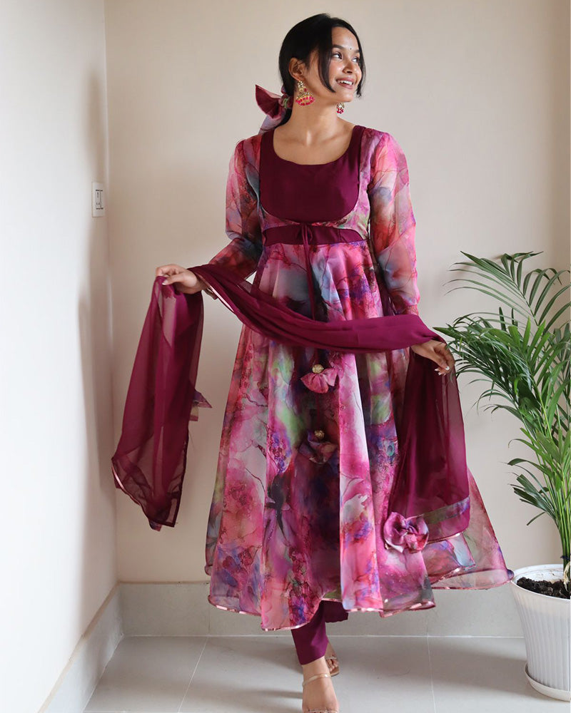 Rose Pink Color Amazing Print Organza Anarkali Suit With Pent & Dupatta