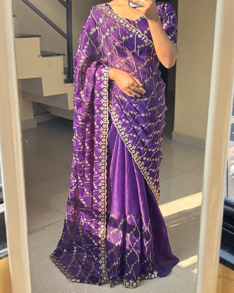 Purple Color Space Silk Embroidered Saree