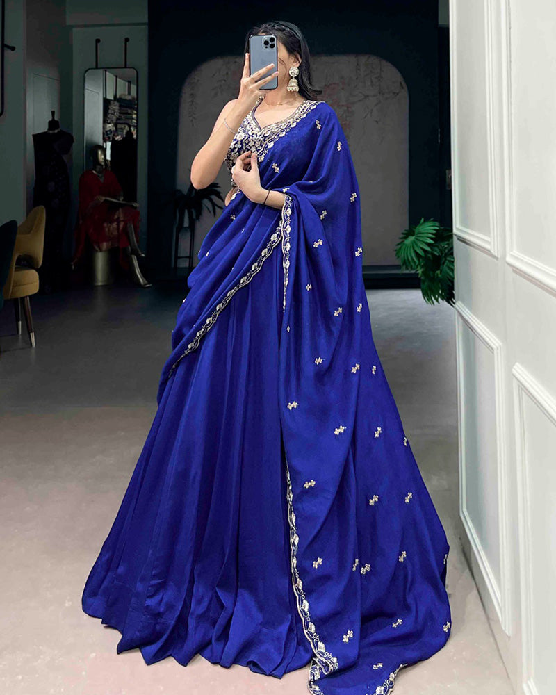 Royal Blue Color P.C. Kashmiri Embroidered Lehenga Choli
