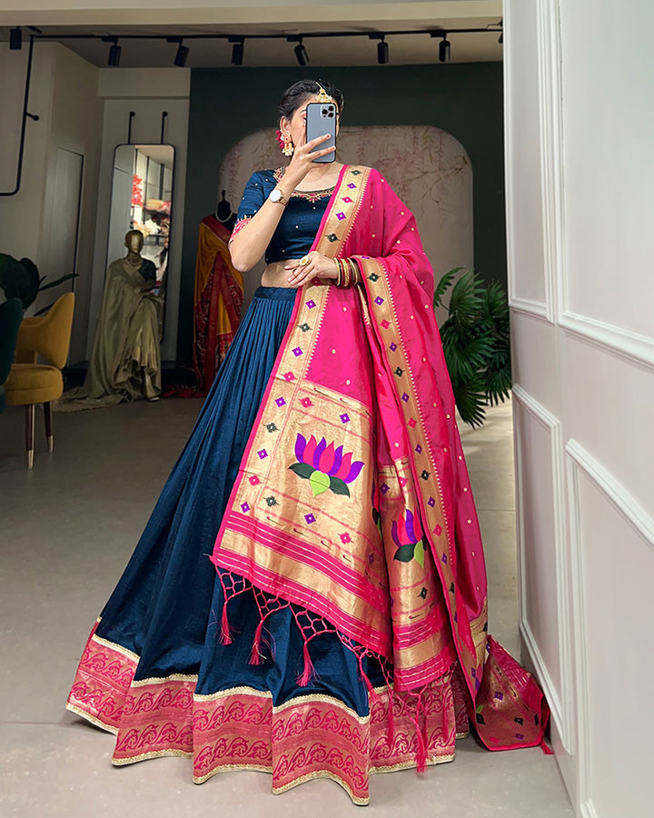Navy Blue Color Vichitra Silk Paithani Lehenga Choli