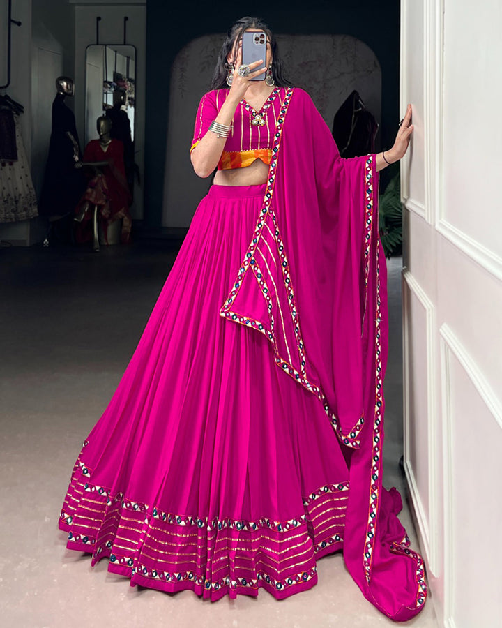 Vibrant Pink Color Rayon Gamthi Work Navratri Lehenga Choli