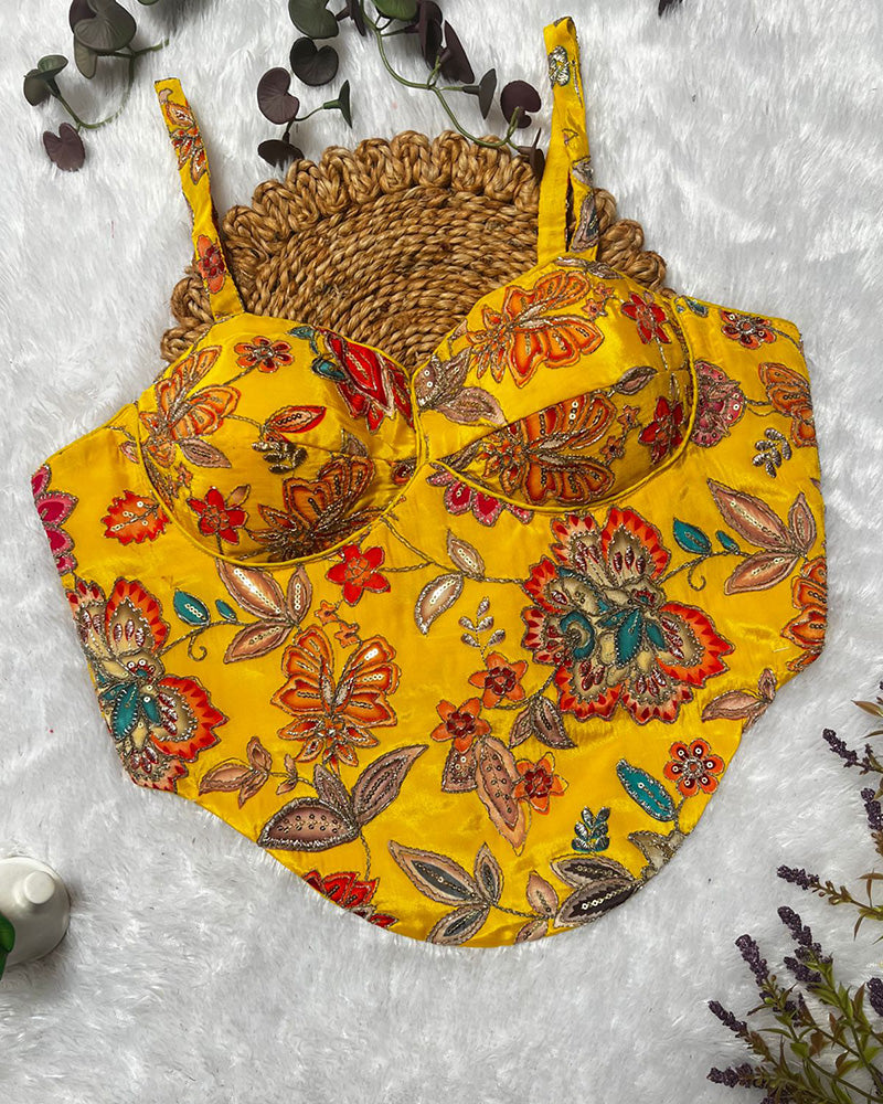 Yellow Color Rumali Silk Embroidered Spaghetti Blouse