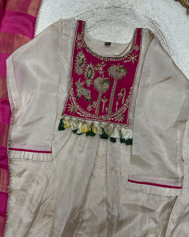 Cream Color Soft Organza Three Piece Kurti Suit