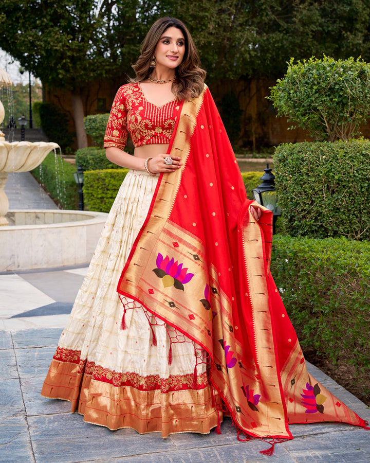 White Color Paithani Silk Embroidered Lehenga Choli