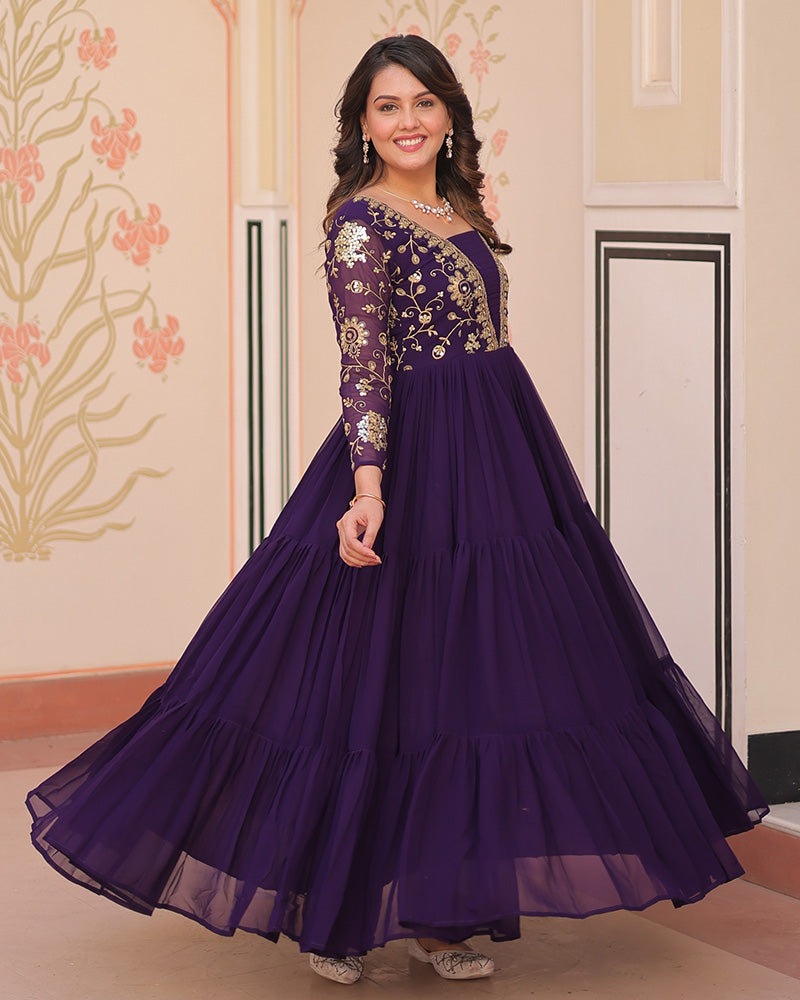 Royal Purple Gown With Exquisite Golden Embroidery