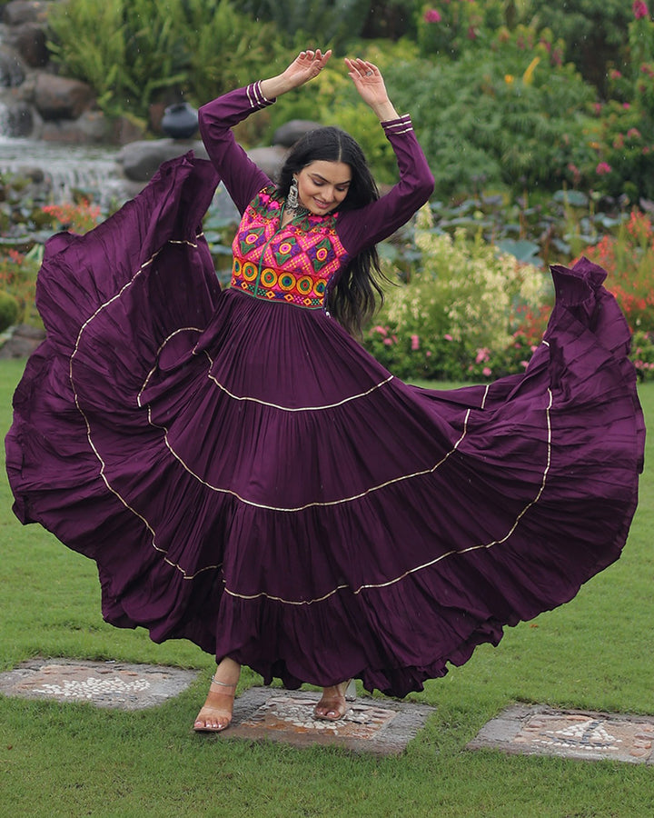 Designer Wine Flared Navratri Gown With Mirror Work Yoke