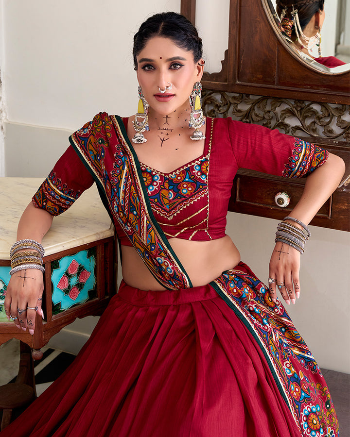 Red Color Tasar Silk Gamthi Printed Navratri Lehenga Choli