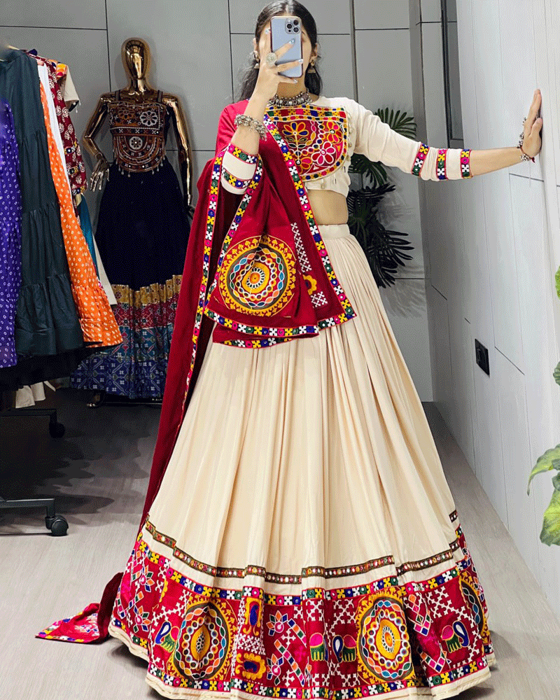 Beige And Maroon Color Pure Rayon Cotton Navratri Lehenga Choli