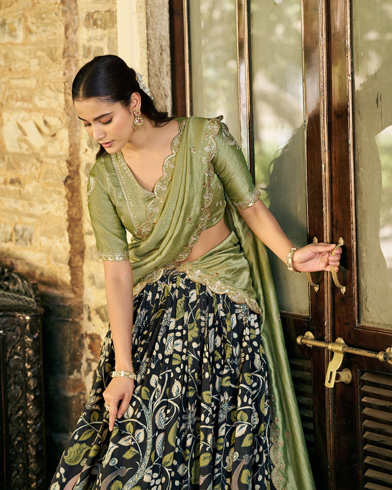Black Color Tussar Silk Kalamkari Printed Lehenga Choli