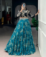 Blue Color Tasar Silk Printed Embroidered Lehenga Choli