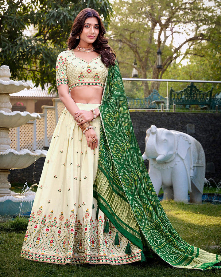 Square Design Off-White Color Khadi Cotton Embroidered Lehenga Choli