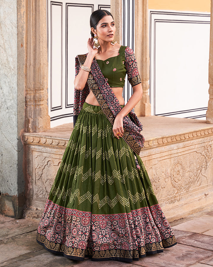 Green Color Ajarakh Printed Silk Designer Lehenga Choli